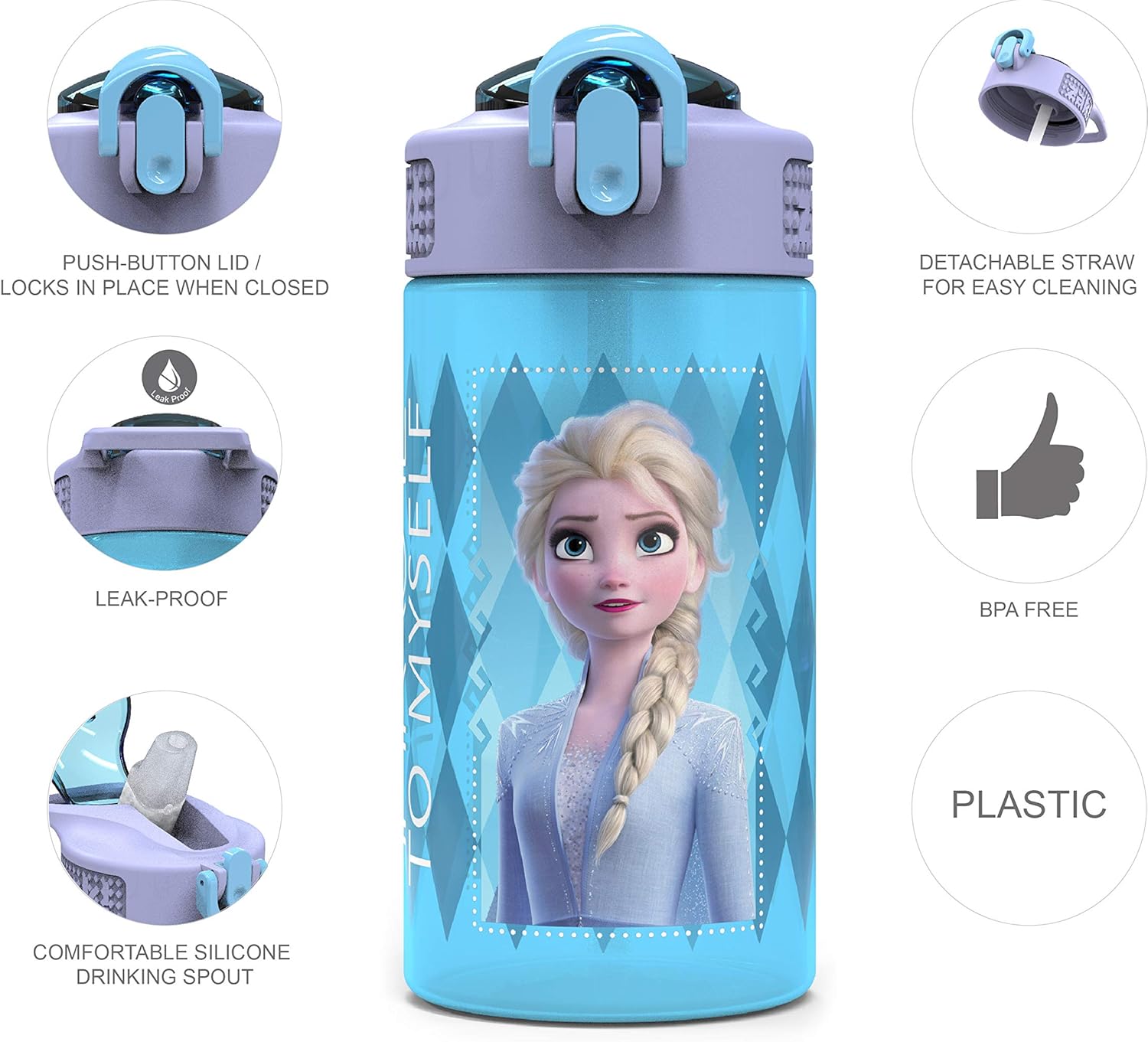 Disney Frozen 2 Kids Water Bottle Set with Reusable Straws, 16 oz BPA-Free Plastic, Leak-Proof Design, Elsa & Anna, 2pc Set