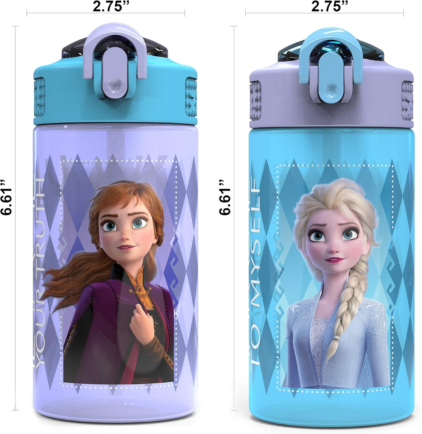 Disney Frozen 2 Kids Water Bottle Set with Reusable Straws, 16 oz BPA-Free Plastic, Leak-Proof Design, Elsa & Anna, 2pc Set