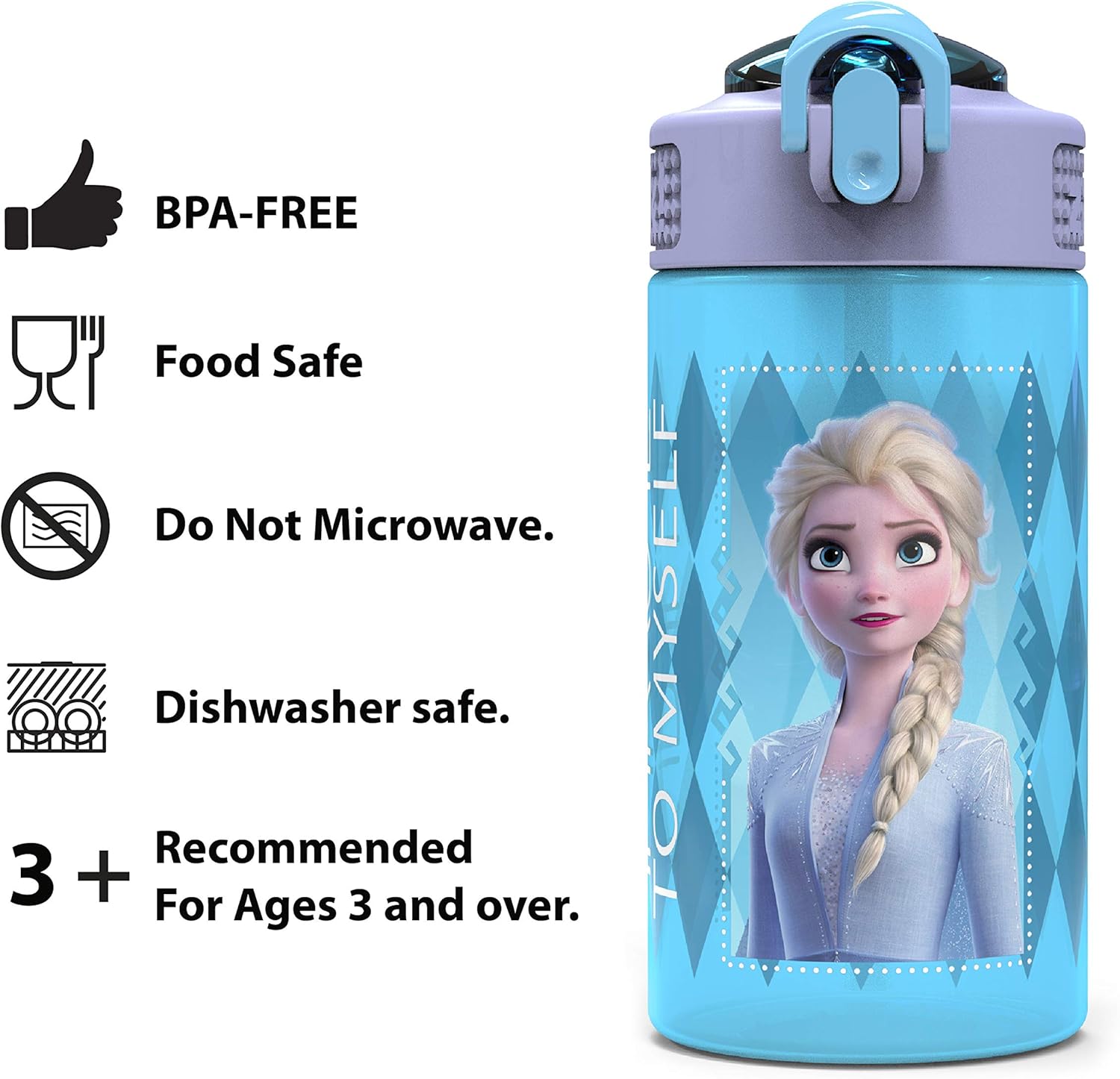 Disney Frozen 2 Kids Water Bottle Set with Reusable Straws, 16 oz BPA-Free Plastic, Leak-Proof Design, Elsa & Anna, 2pc Set