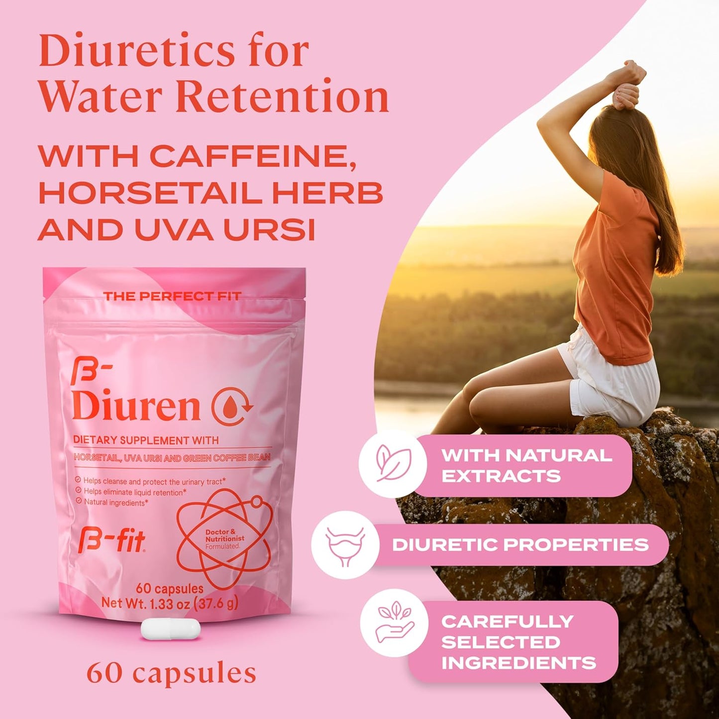 Diuretic Capsules with Caffeine, Horsetail Herb and Uva Ursi - 60 Capsules with Natural Extracts - Horsetail Supplement for Water Retention - B-FIT B Diuren