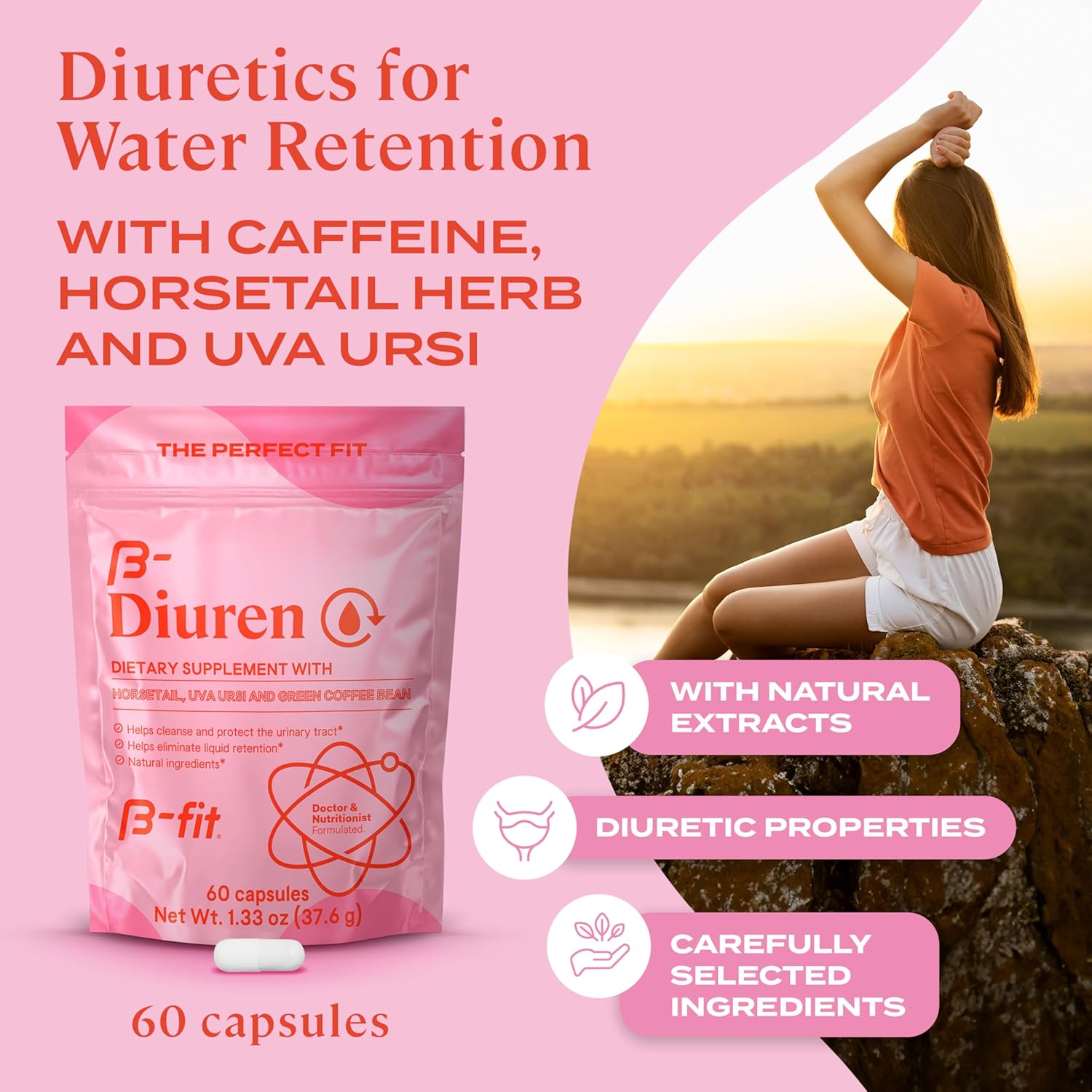 Diuretic Capsules with Caffeine, Horsetail Herb and Uva Ursi - 60 Capsules with Natural Extracts - Horsetail Supplement for Water Retention - B-FIT B Diuren