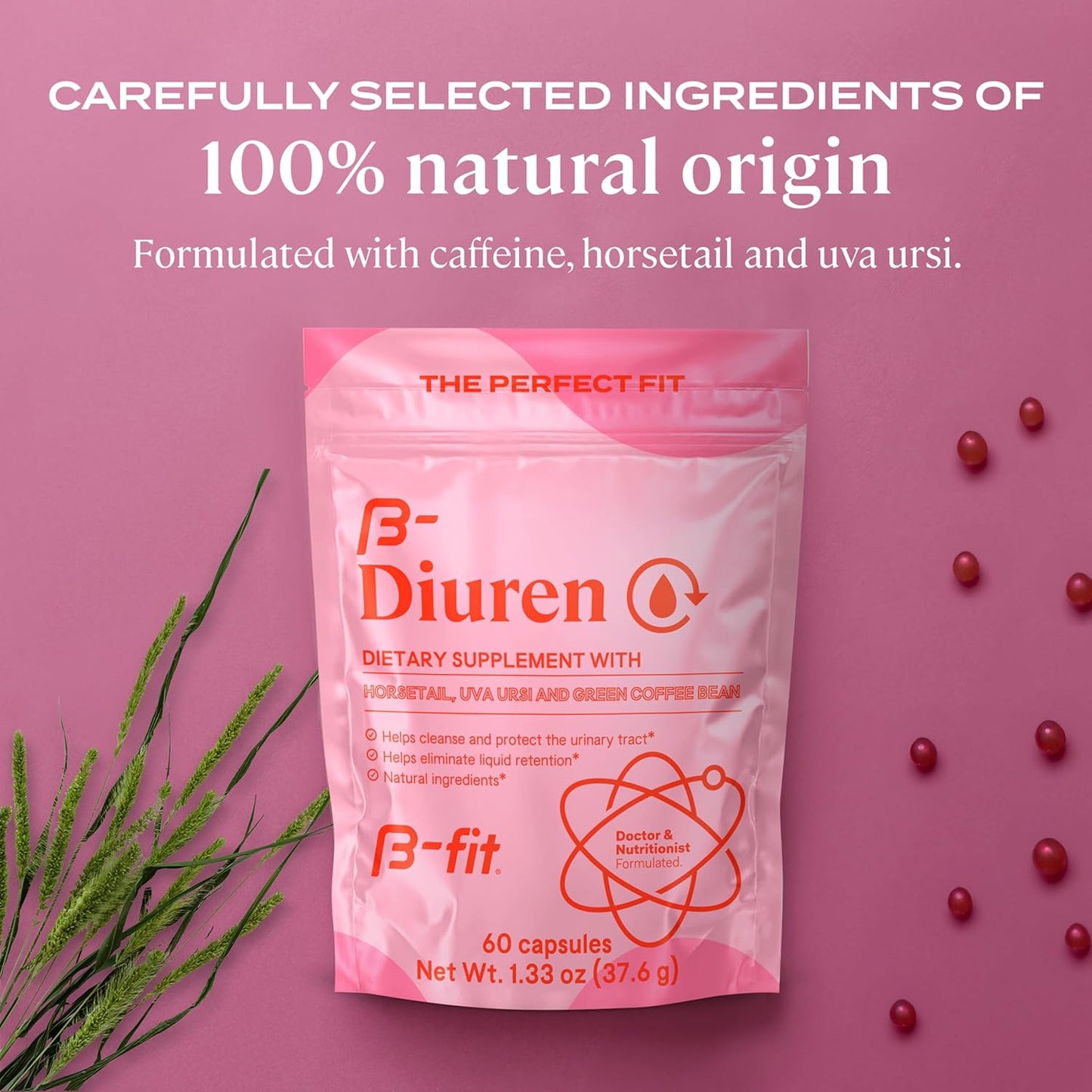 Diuretic Capsules with Caffeine, Horsetail Herb and Uva Ursi - 60 Capsules with Natural Extracts - Horsetail Supplement for Water Retention - B-FIT B Diuren