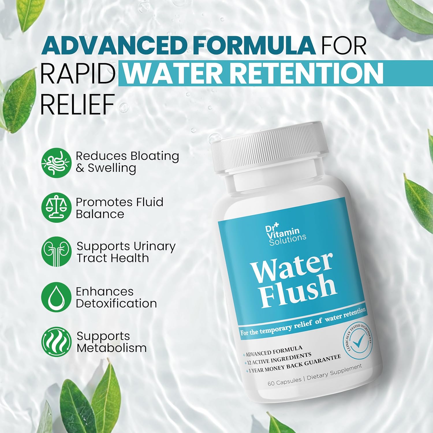 Diuretic Water Pills for Weight Management with 12 Active Ingredients - Green Tea, Cranberry & More - 60 Capsules