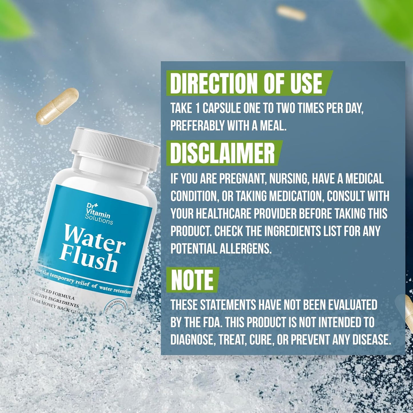 Diuretic Water Pills for Weight Management with 12 Active Ingredients - Green Tea, Cranberry & More - 60 Capsules