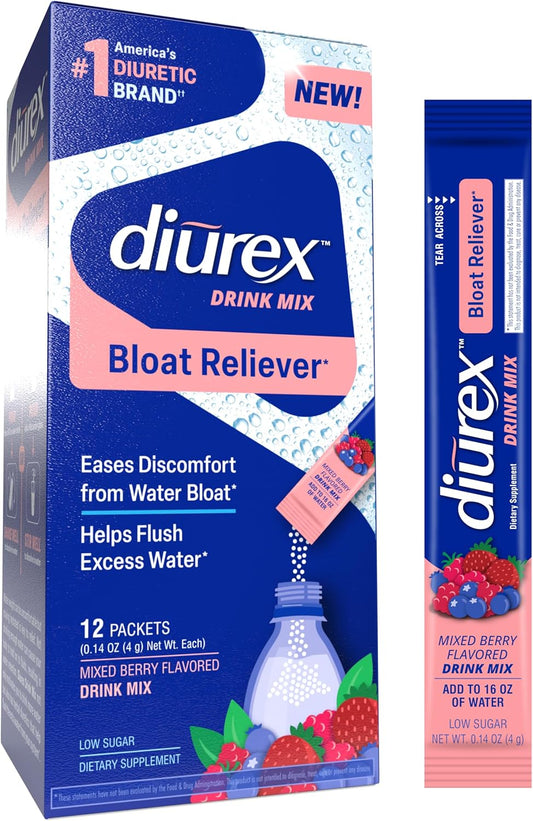 Diurex Drink Mix Mixed Berry Flavored - Bloat Relief - Single-Serve Packets - Dietary Supplement - 12 Packets
