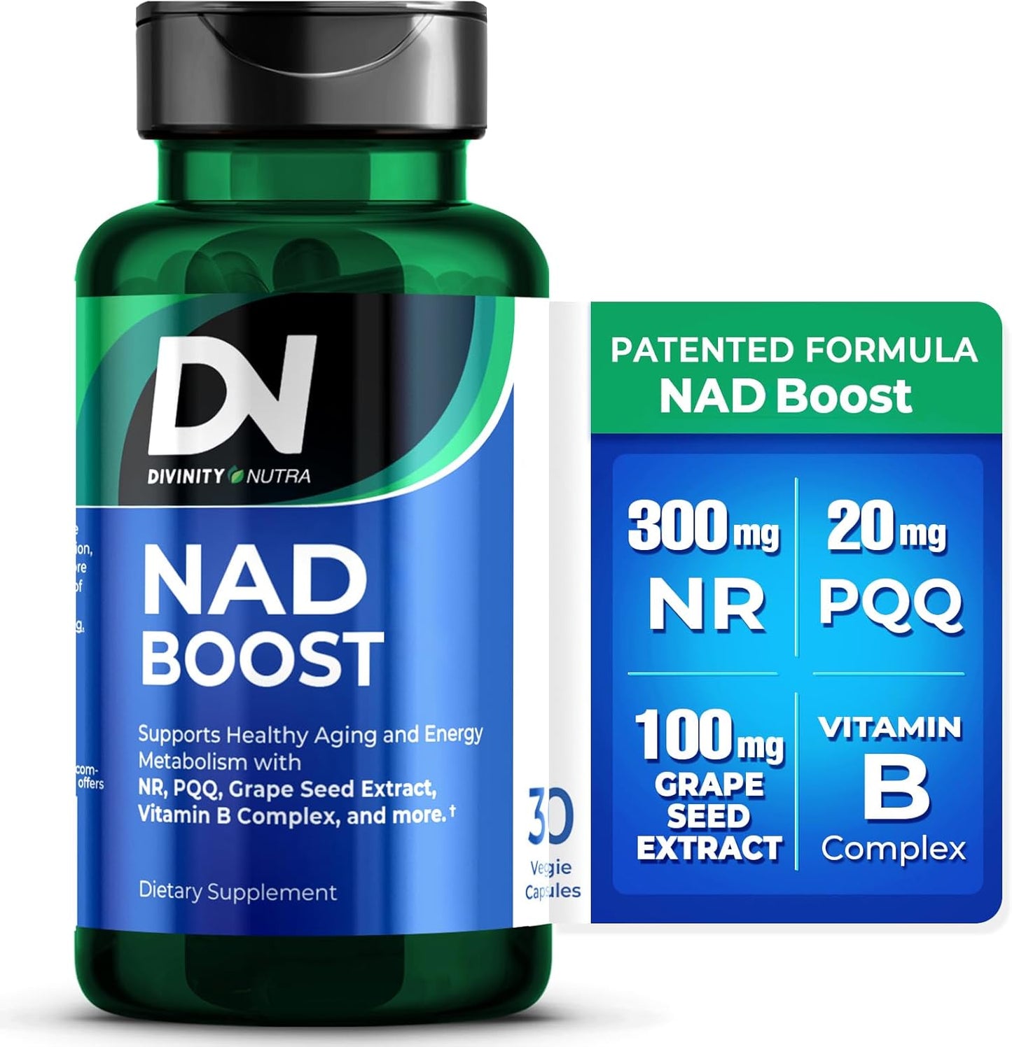 Divinity Nutra NAD+ Boost Supplement: Anti-Aging & Cell Regeneration, Cellular Energy Support, Patented Formula with NR, Grape Seed, PQQ & Ginkgo - 30 Days Supply