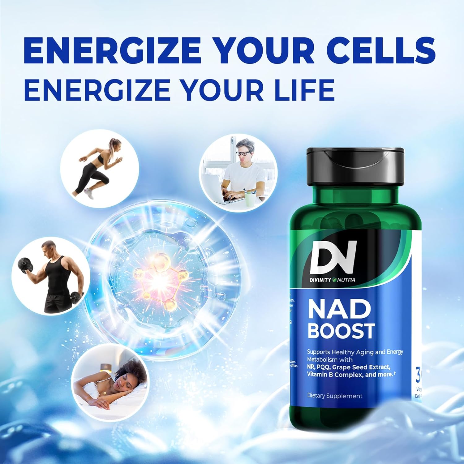 Divinity Nutra NAD+ Boost Supplement: Anti-Aging & Cell Regeneration, Cellular Energy Support, Patented Formula with NR, Grape Seed, PQQ & Ginkgo - 30 Days Supply