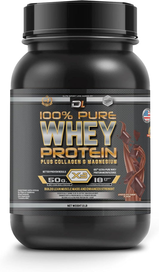 DL 100% Pure Whey Protein with Collagen, Magnesium, and BCAAs for Muscle Gain and Recovery - Chocolate Flavor, 2LB
