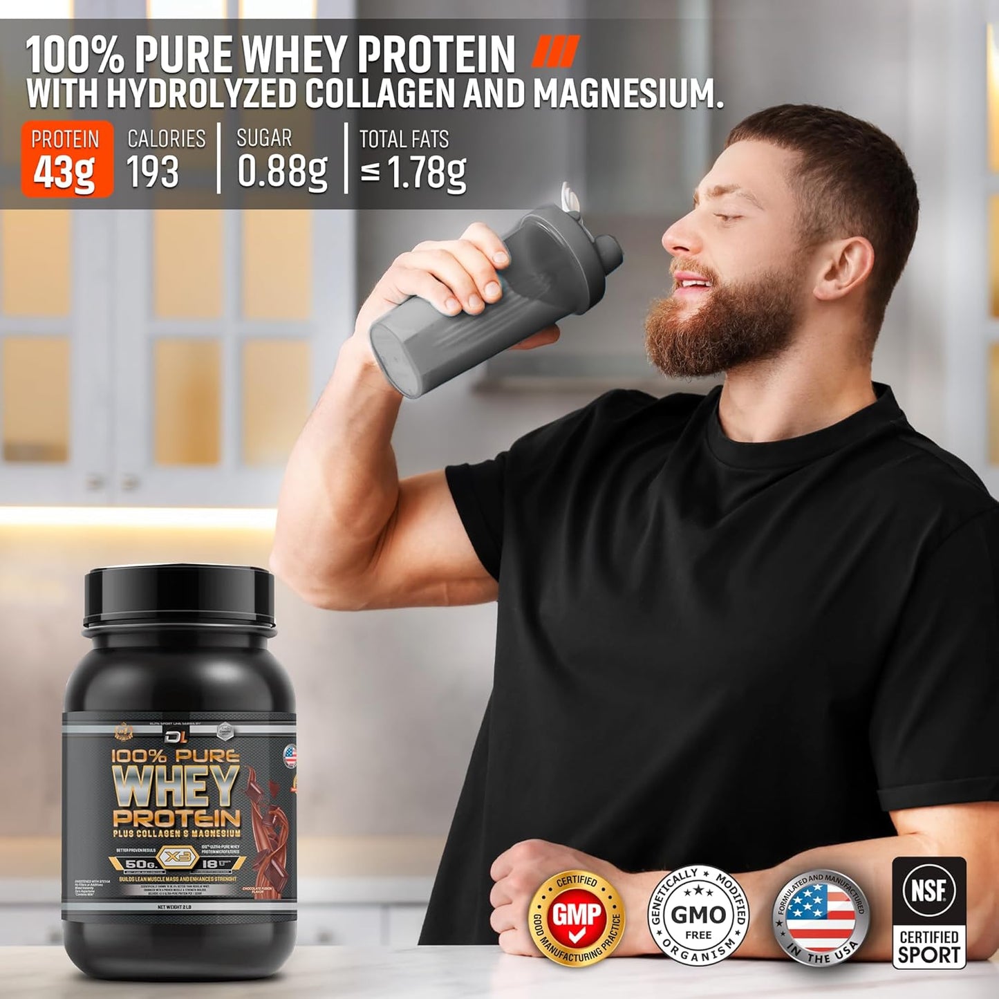 DL 100% Pure Whey Protein with Collagen, Magnesium, and BCAAs for Muscle Gain and Recovery - Chocolate Flavor, 2LB