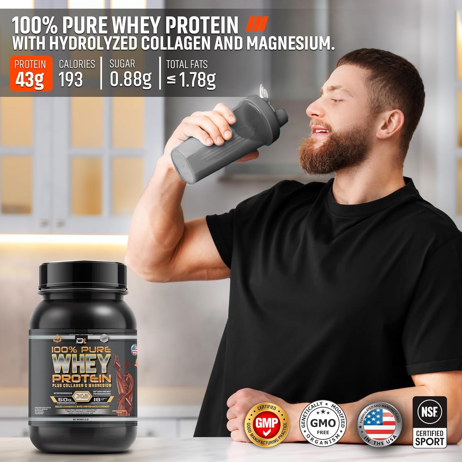 DL 100% Pure Whey Protein with Collagen, Magnesium, and BCAAs for Muscle Gain and Recovery - Chocolate Flavor, 2LB
