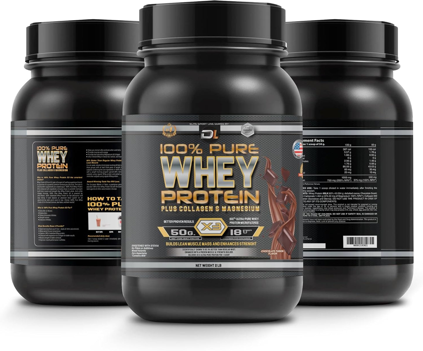 DL 100% Pure Whey Protein with Collagen, Magnesium, and BCAAs for Muscle Gain and Recovery - Chocolate Flavor, 2LB