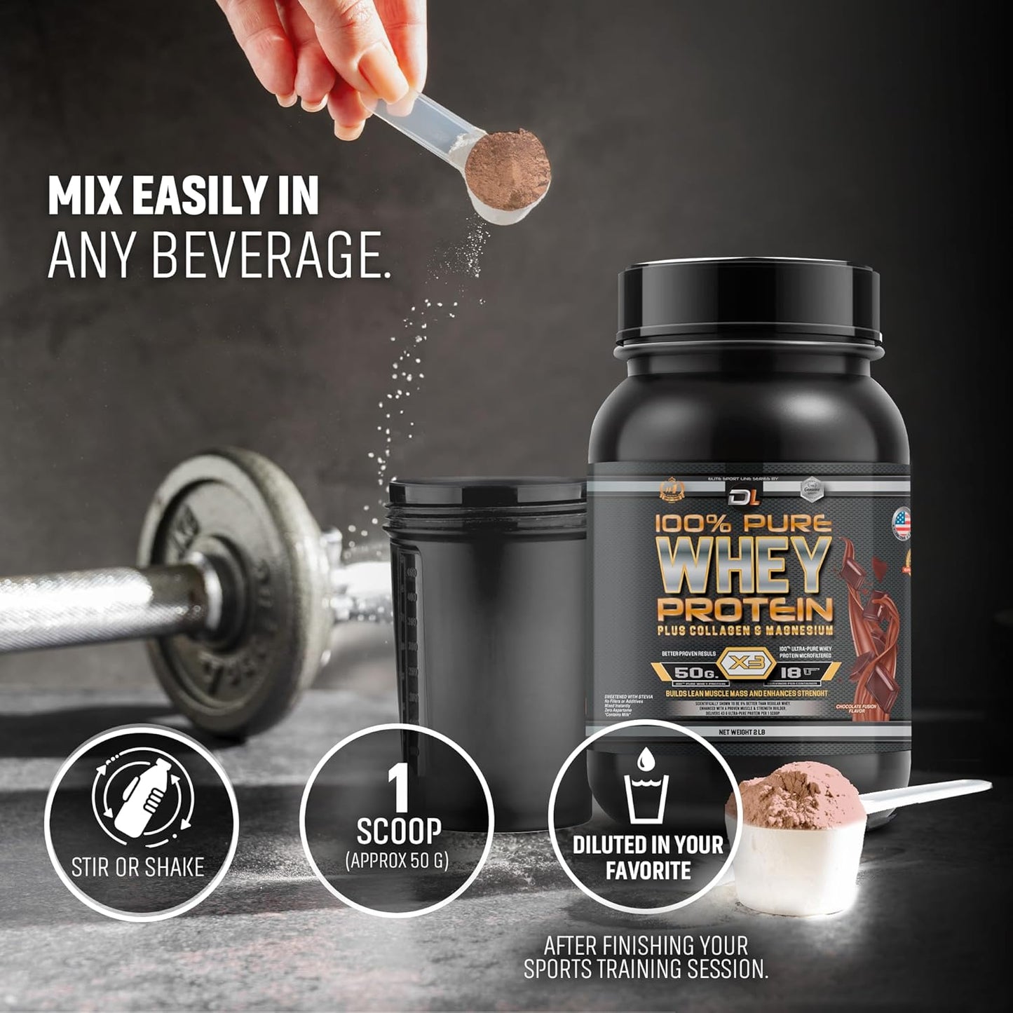 DL 100% Pure Whey Protein with Collagen, Magnesium, and BCAAs for Muscle Gain and Recovery - Chocolate Flavor, 2LB