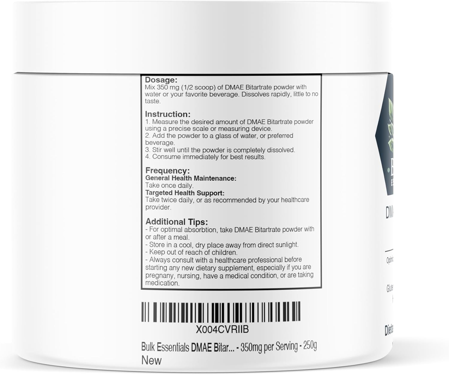 DMAE Bitartrate Powder - 250g - Gluten Free Supplement - 350mg per Serving - Essential Dimethylaminoethanol Powder