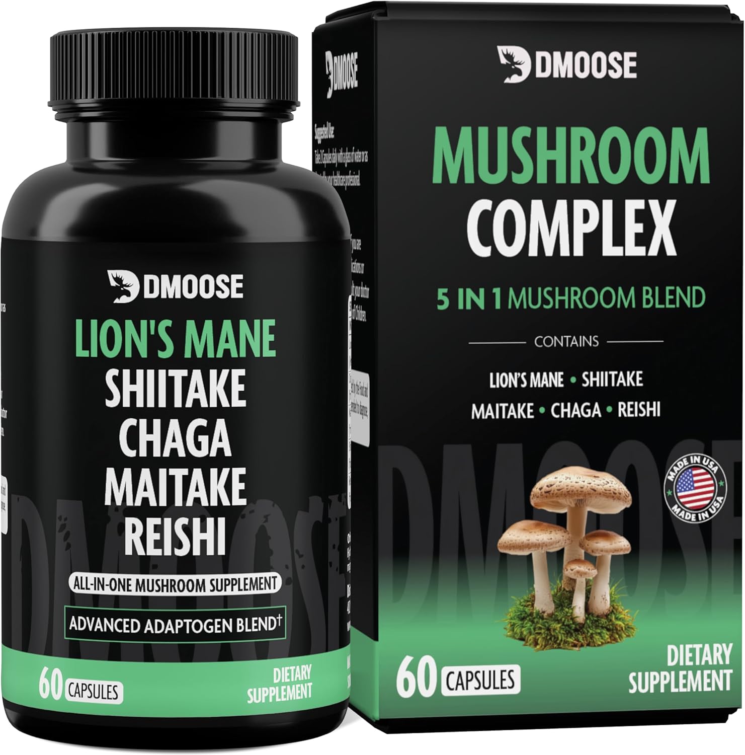 DMoose Fitness Lions Mane Mushroom Complex - 5 in 1 Adaptogenic Blend Capsules for Memory, Focus & Immune Support - Nootropic Supplement with Lionsmane, Chaga, Maitake, Shiitake & Reishi Extracts
