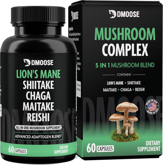 DMoose Fitness Lions Mane Mushroom Complex - 5 in 1 Adaptogenic Blend Capsules for Memory, Focus & Immune Support - Nootropic Supplement with Lionsmane, Chaga, Maitake, Shiitake & Reishi Extracts