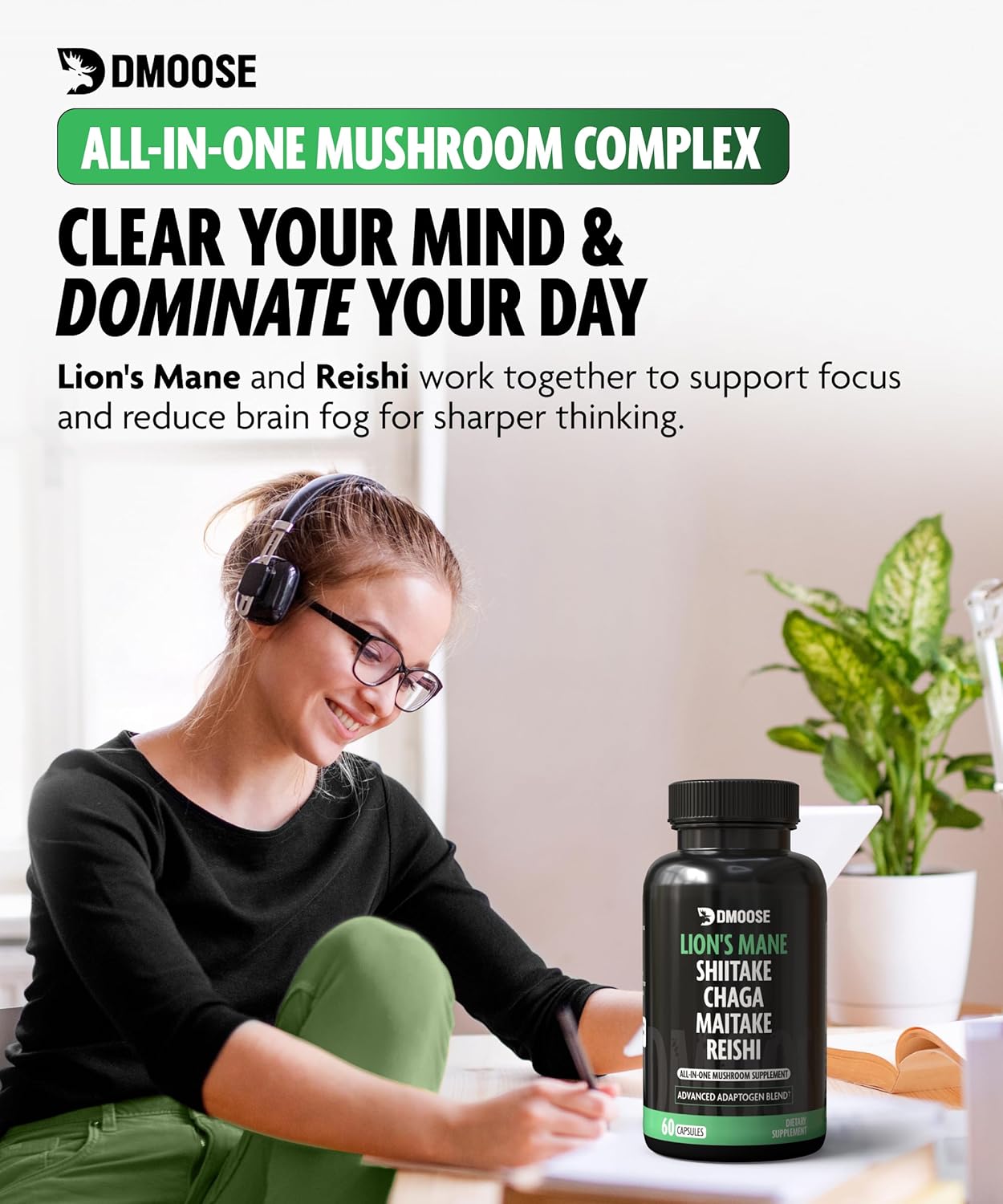 DMoose Fitness Lions Mane Mushroom Complex - 5 in 1 Adaptogenic Blend Capsules for Memory, Focus & Immune Support - Nootropic Supplement with Lionsmane, Chaga, Maitake, Shiitake & Reishi Extracts