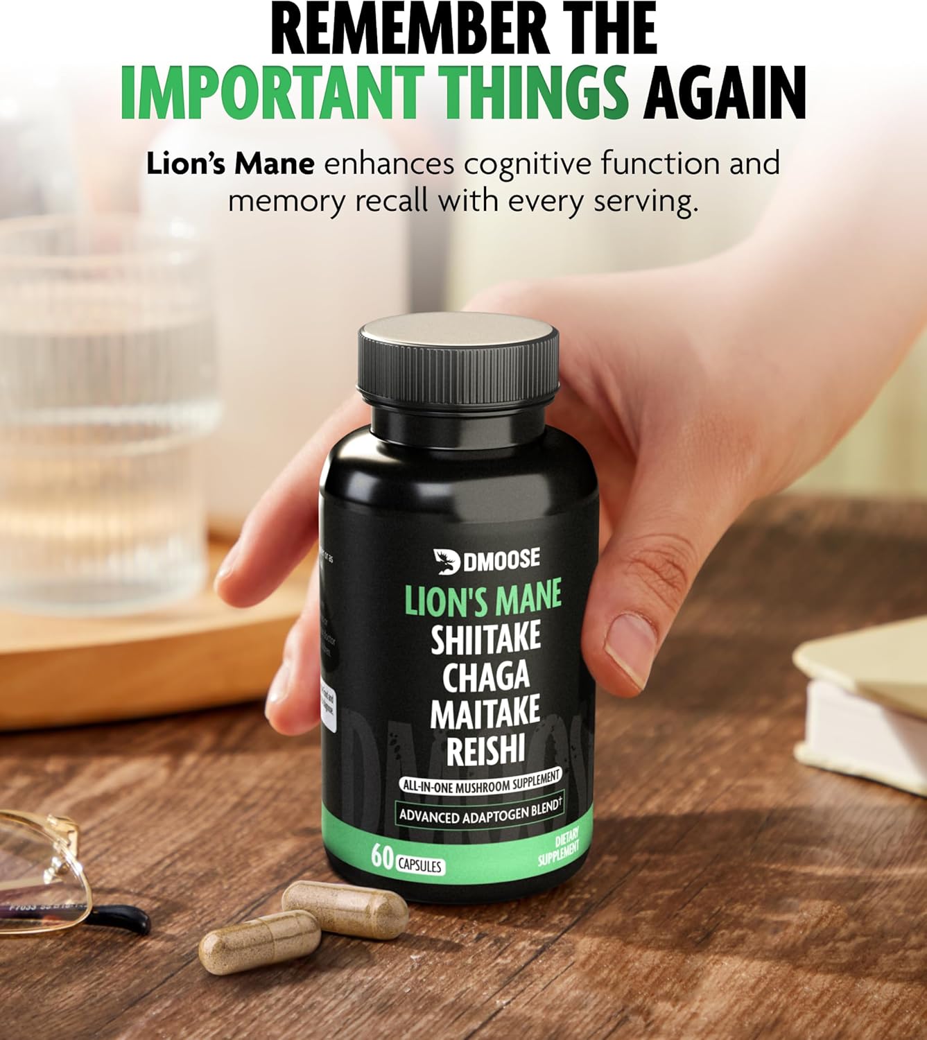 DMoose Fitness Lions Mane Mushroom Complex - 5 in 1 Adaptogenic Blend Capsules for Memory, Focus & Immune Support - Nootropic Supplement with Lionsmane, Chaga, Maitake, Shiitake & Reishi Extracts