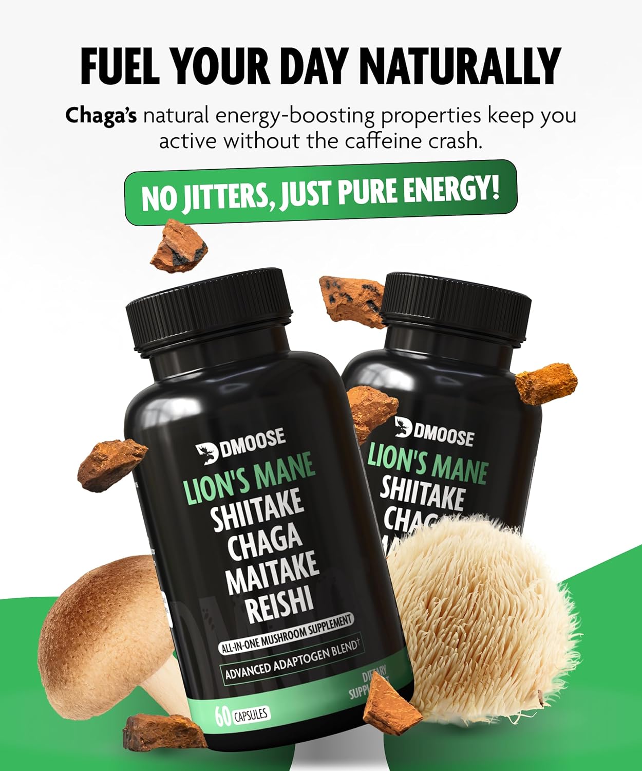 DMoose Fitness Lions Mane Mushroom Complex - 5 in 1 Adaptogenic Blend Capsules for Memory, Focus & Immune Support - Nootropic Supplement with Lionsmane, Chaga, Maitake, Shiitake & Reishi Extracts