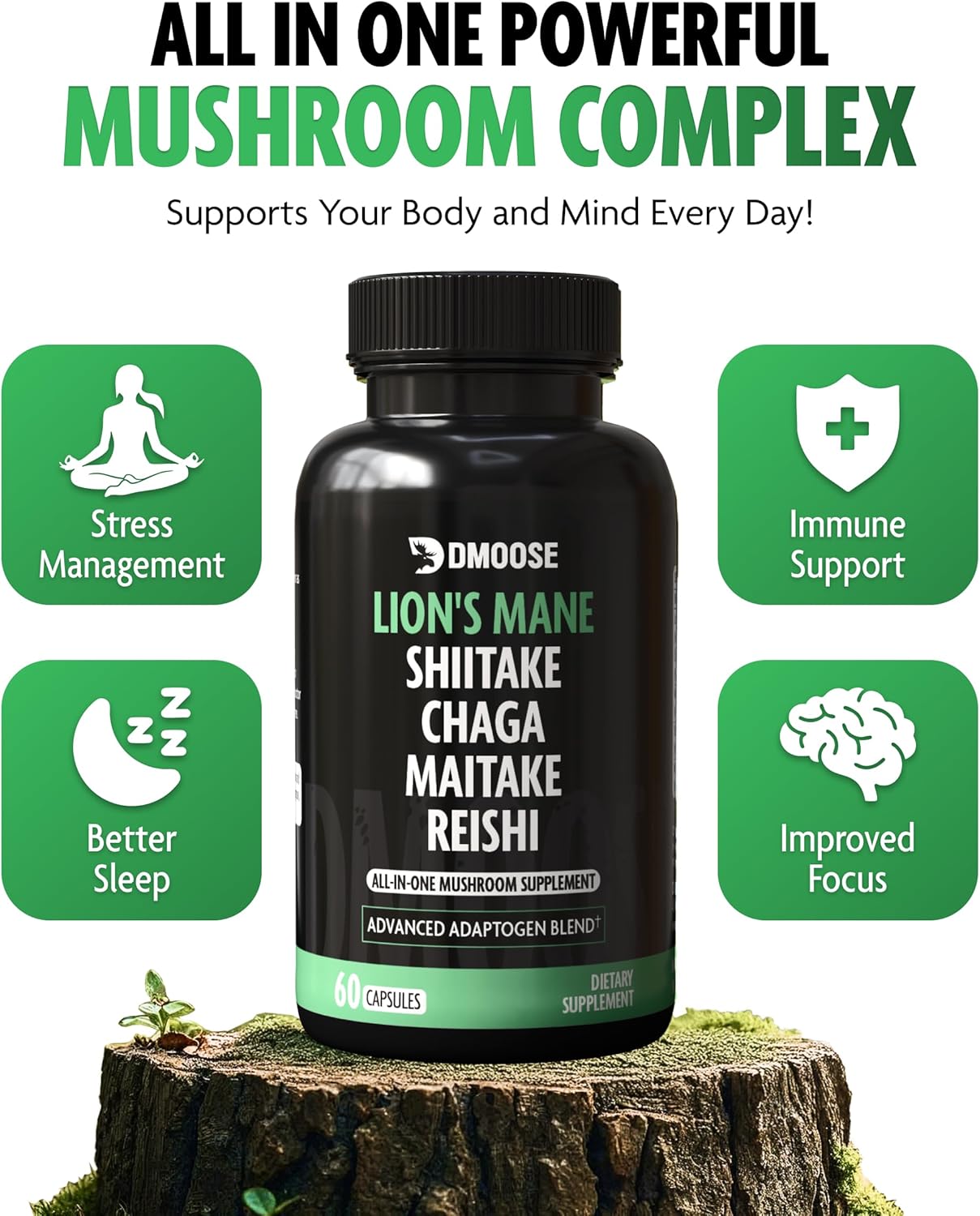 DMoose Fitness Lions Mane Mushroom Complex - 5 in 1 Adaptogenic Blend Capsules for Memory, Focus & Immune Support - Nootropic Supplement with Lionsmane, Chaga, Maitake, Shiitake & Reishi Extracts