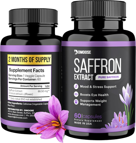 DMoose Fitness Saffron Extract Capsules - Boost Energy, Promote Eye Health - Non-GMO Supplement for Men & Women - 60 Capsules