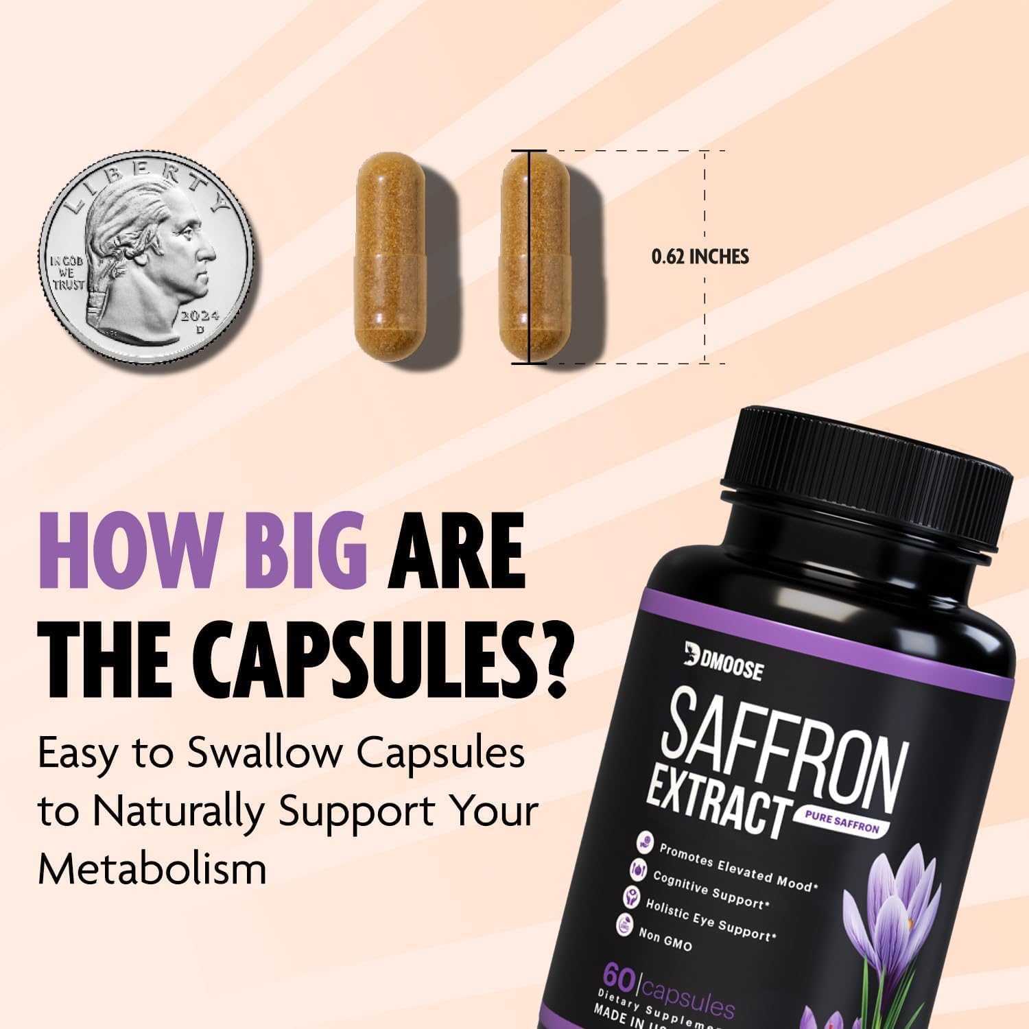 DMoose Fitness Saffron Extract Capsules - Boost Energy, Promote Eye Health - Non-GMO Supplement for Men & Women - 60 Capsules