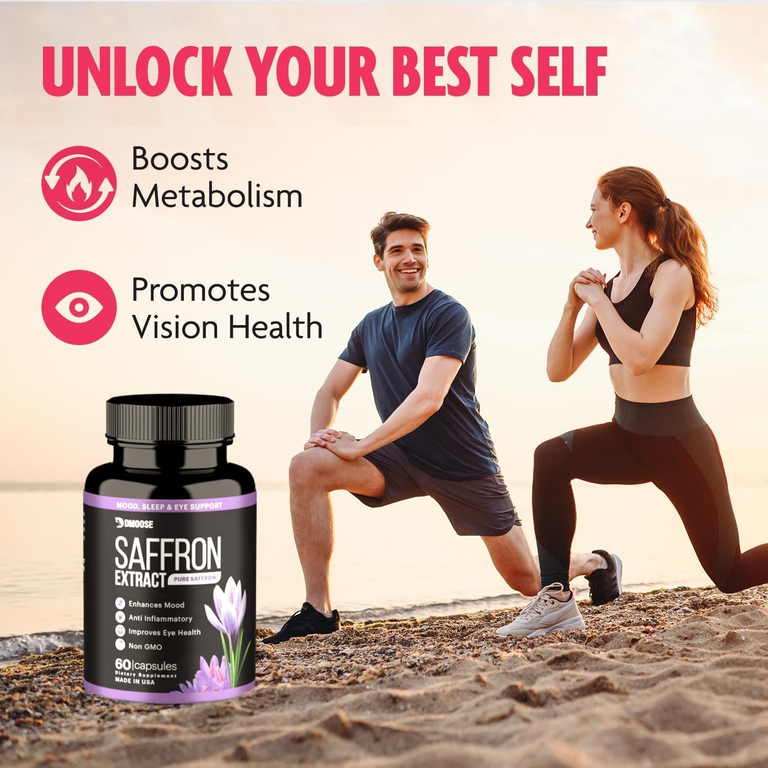 DMoose Fitness Saffron Extract Capsules - Boost Energy, Promote Eye Health - Non-GMO Supplement for Men & Women - 60 Capsules
