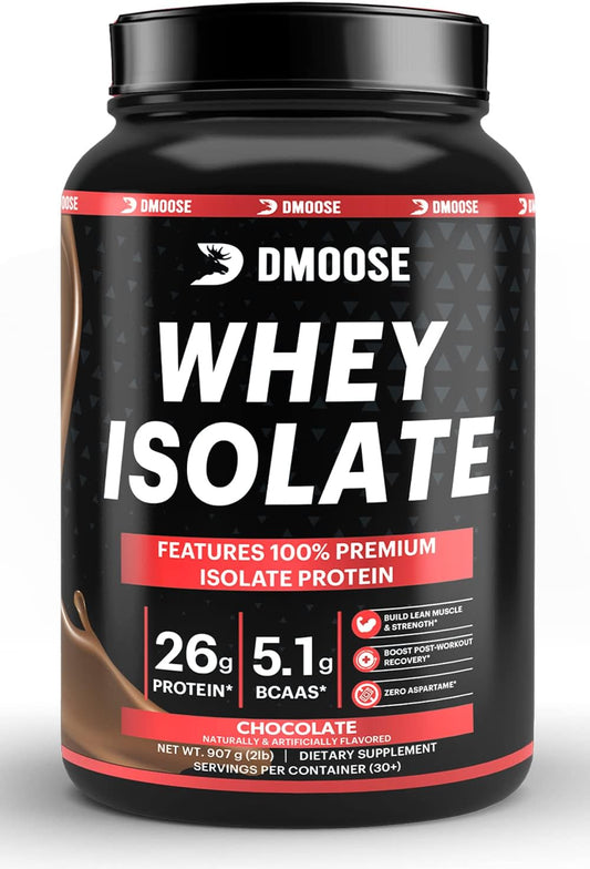 DMoose Fitness Whey Isolate Protein Powder - 26g Protein, 5.1g BCAAs, Gluten Free - Chocolate & Vanilla - 30 Servings