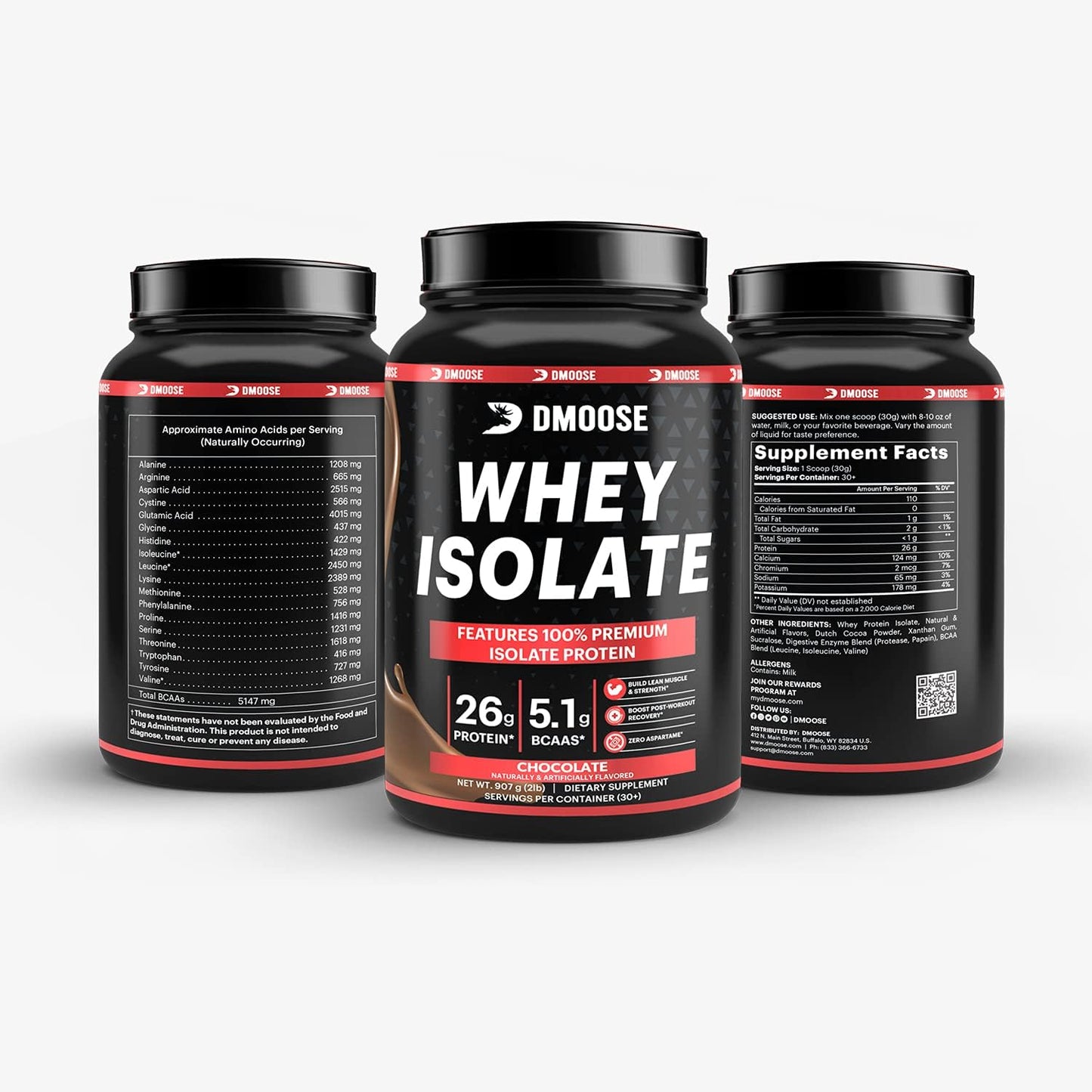 DMoose Fitness Whey Isolate Protein Powder - 26g Protein, 5.1g BCAAs, Gluten Free - Chocolate & Vanilla - 30 Servings