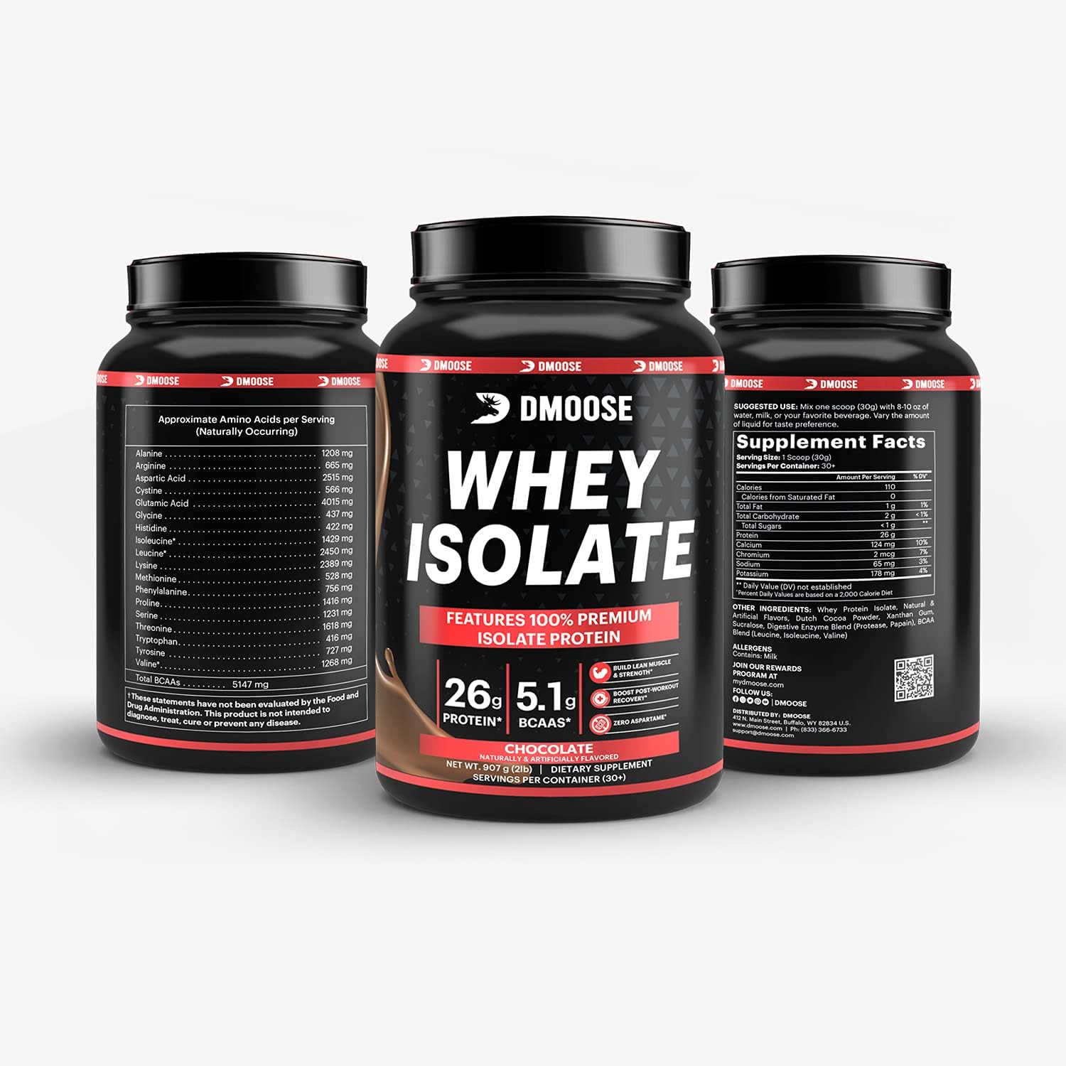 DMoose Fitness Whey Isolate Protein Powder - 26g Protein, 5.1g BCAAs, Gluten Free - Chocolate & Vanilla - 30 Servings