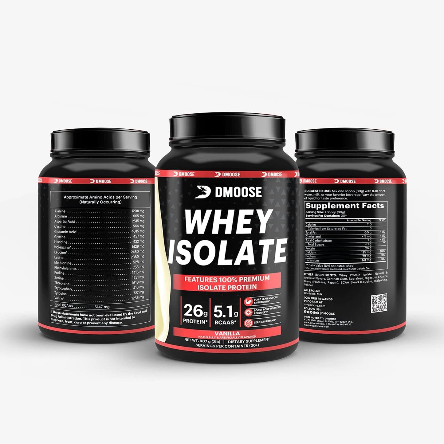 DMoose Fitness Whey Isolate Protein Powder - 26g Protein, 5.1g BCAAs, Gluten Free, Muscle Mass Support - Chocolate & Vanilla, 30 Servings