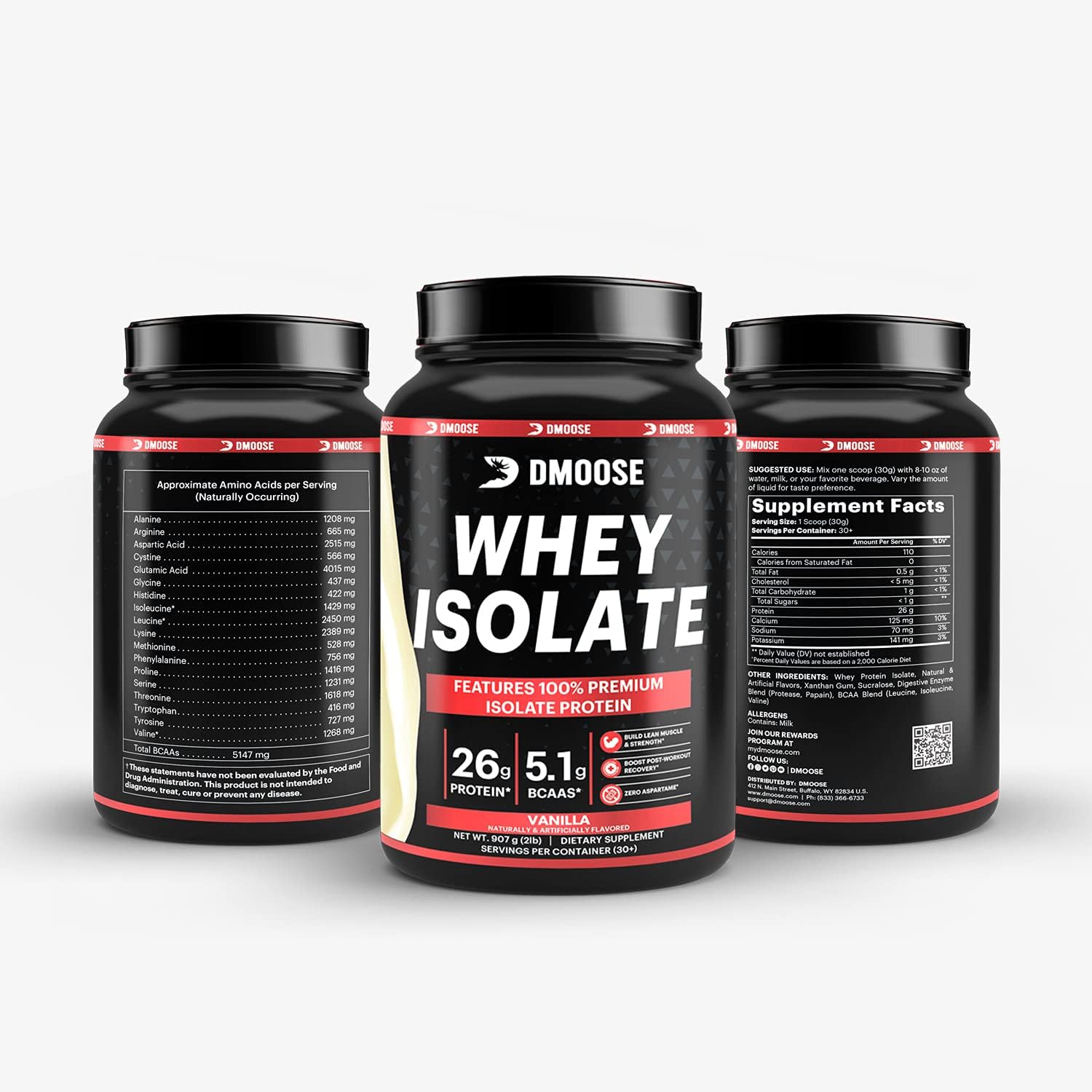 DMoose Fitness Whey Isolate Protein Powder - 26g Protein, 5.1g BCAAs, Gluten Free, Muscle Mass Support - Chocolate & Vanilla, 30 Servings
