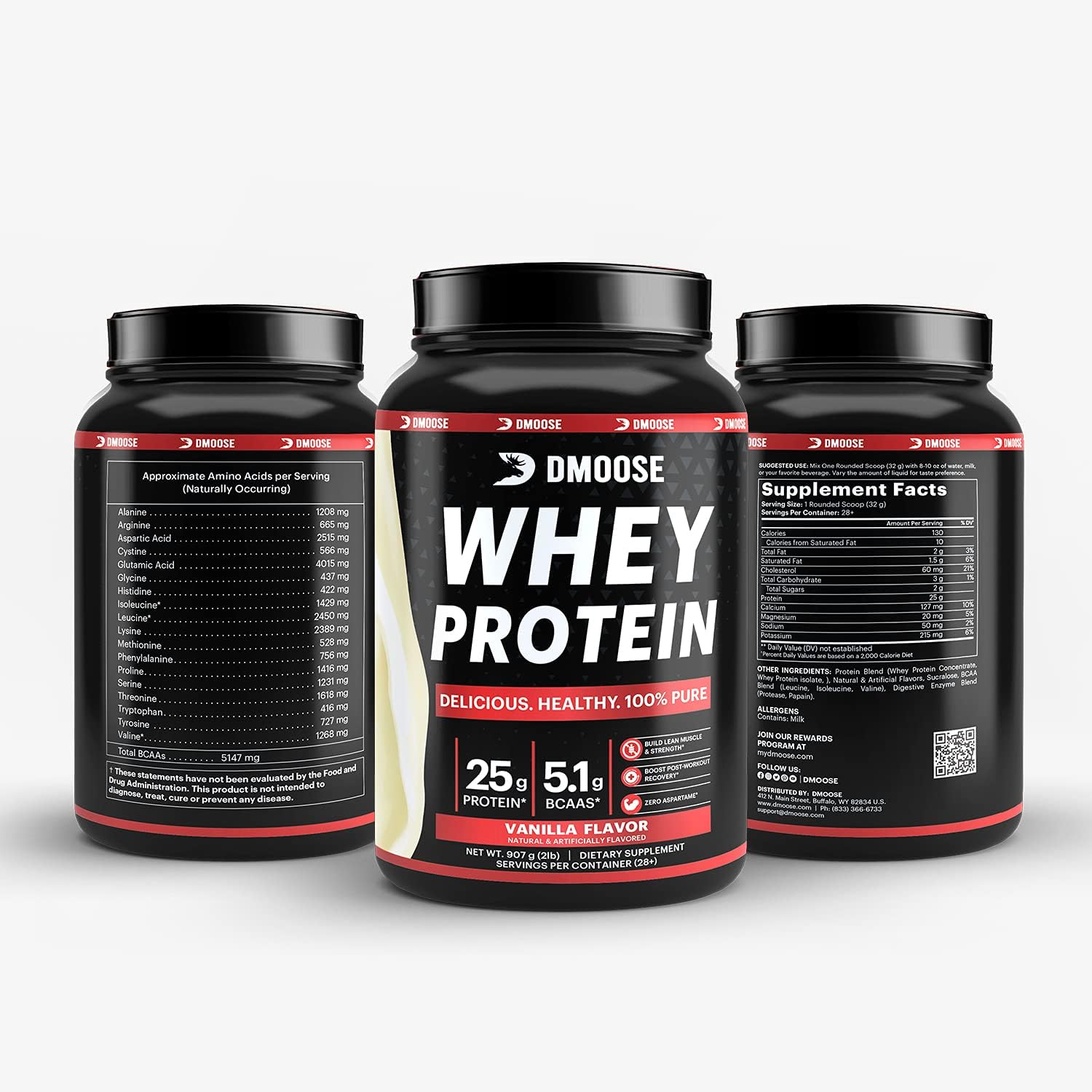 DMoose Fitness Whey Protein Powder 24g Protein 130 Calories 5.1g BCAAs Natural Muscle Gain Powder Chocolate/Vanilla 2lbs