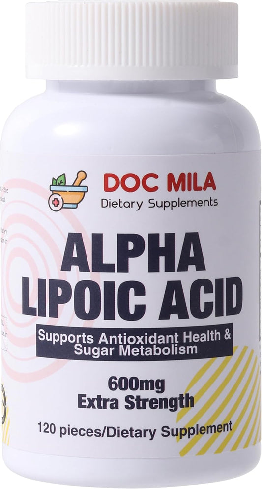 Doc Mila Alpha Lipoic Acid Caplets - 600mg, 120 Count - Nerve Support for Sciatica & Neuropathy - Gluten Free, Vegan, Non-GMO - Adults