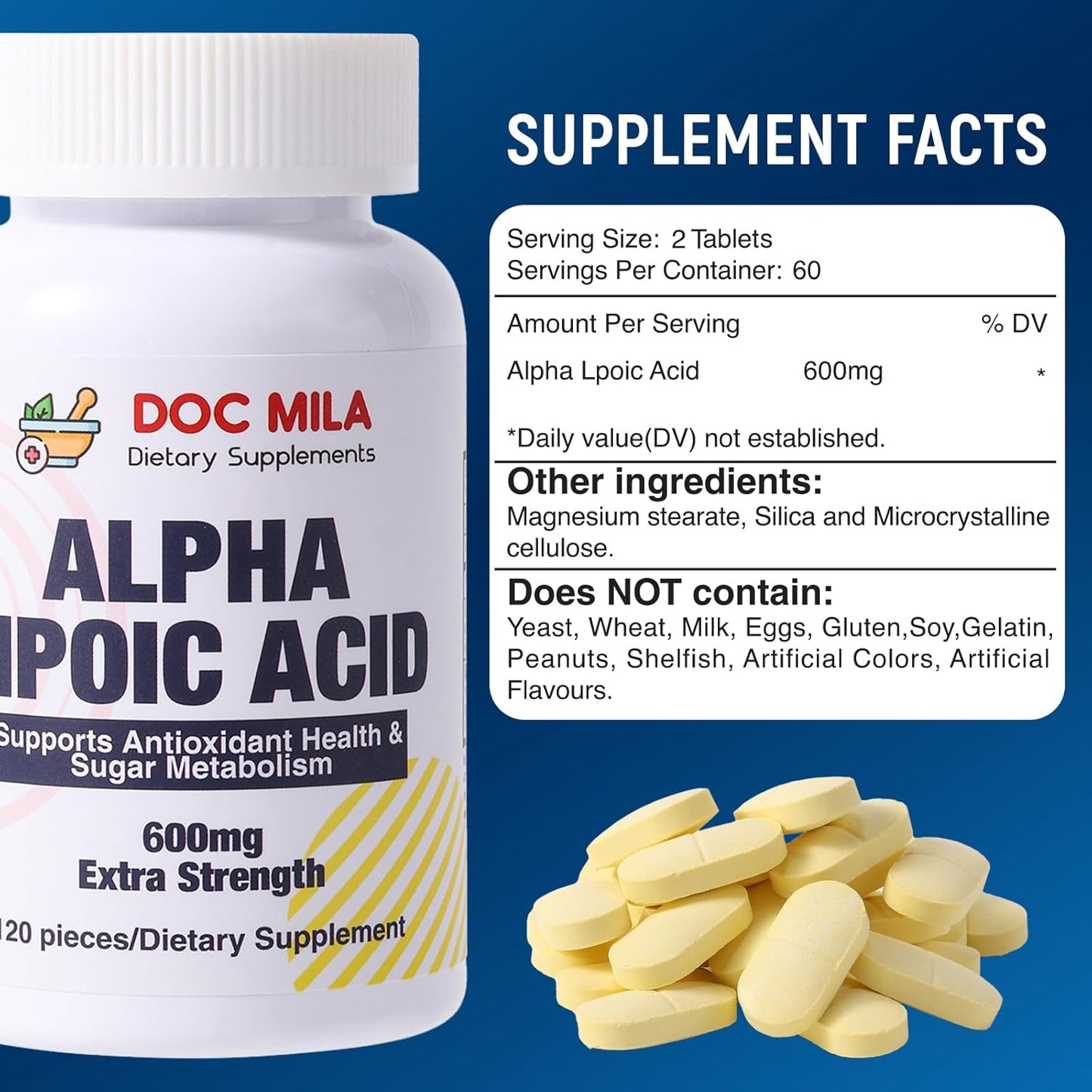 Doc Mila Alpha Lipoic Acid Caplets - 600mg, 120 Count - Nerve Support for Sciatica & Neuropathy - Gluten Free, Vegan, Non-GMO - Adults