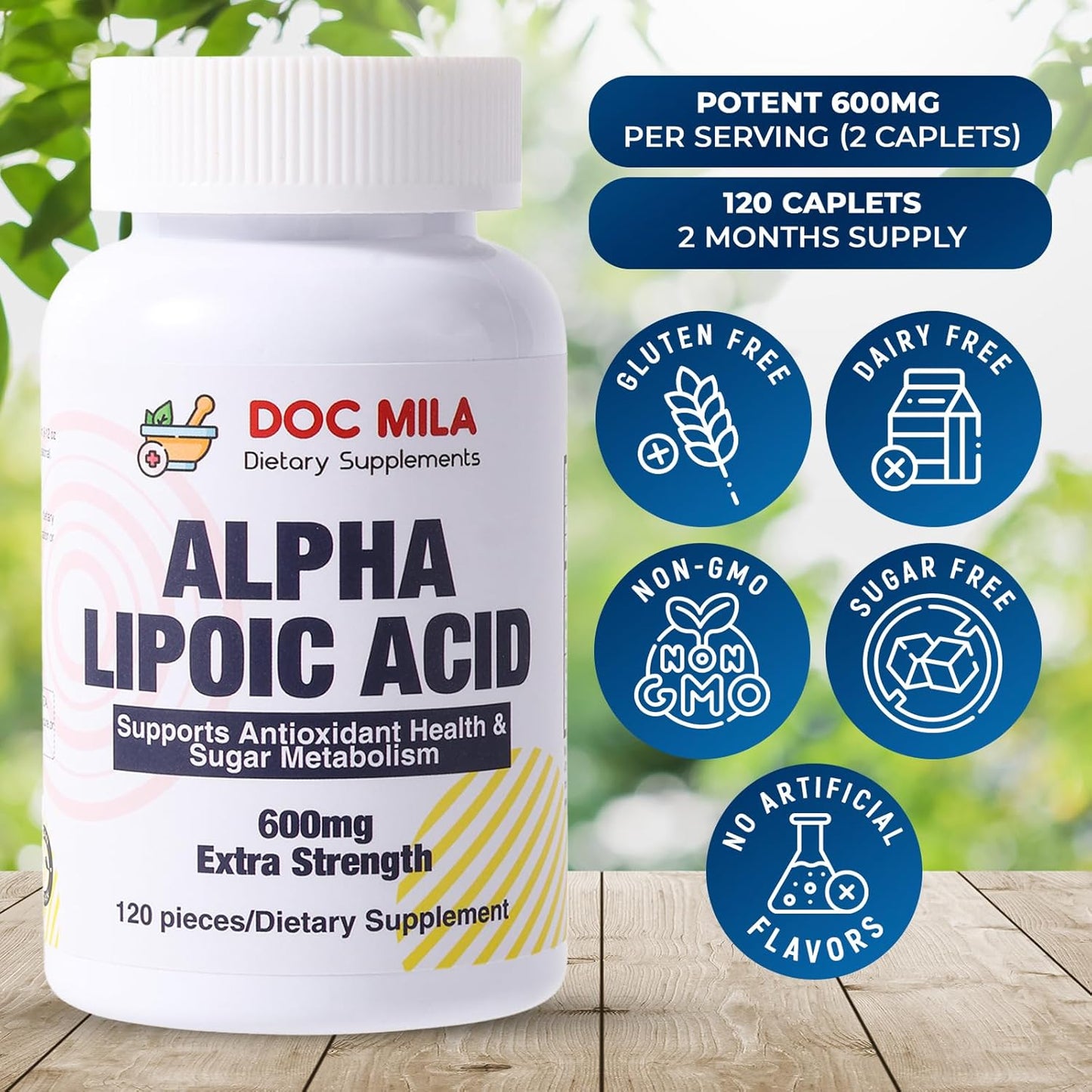 Doc Mila Alpha Lipoic Acid Caplets - 600mg, 120 Count - Nerve Support for Sciatica & Neuropathy - Gluten Free, Vegan, Non-GMO - Adults