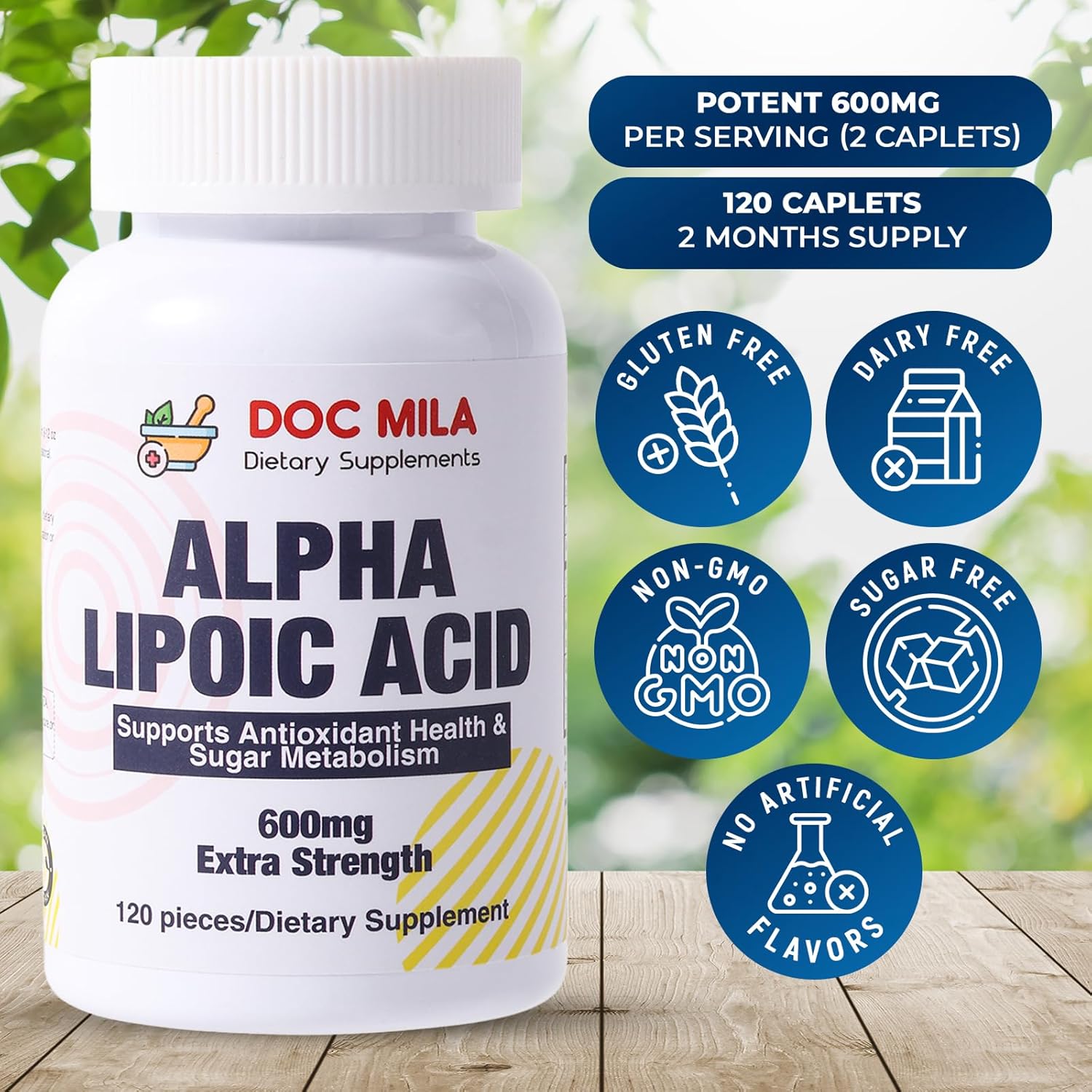 Doc Mila Alpha Lipoic Acid Caplets - 600mg, 120 Count - Nerve Support for Sciatica & Neuropathy - Gluten Free, Vegan, Non-GMO - Adults