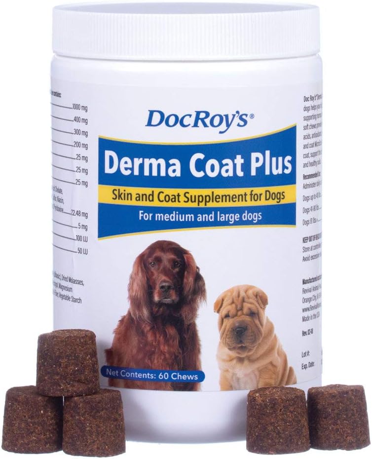 Doc Roy's Derma Coat Plus Skin & Coat Supplement for Medium/Large Dogs - 60 Chewable Tablets by Revival Animal Health