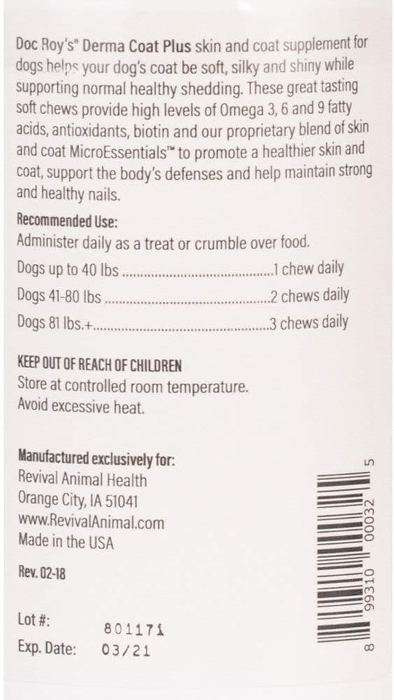 Doc Roy's Derma Coat Plus Skin & Coat Supplement for Medium/Large Dogs - 60 Chewable Tablets by Revival Animal Health