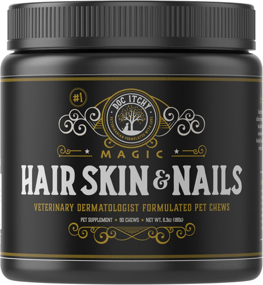 DocItchy Hair Skin Nails Dog Chews | Vitamin A, B3, Omega 3 | Boost Skin Health | Prevent Irritation | Allergy Safe | 90 Count