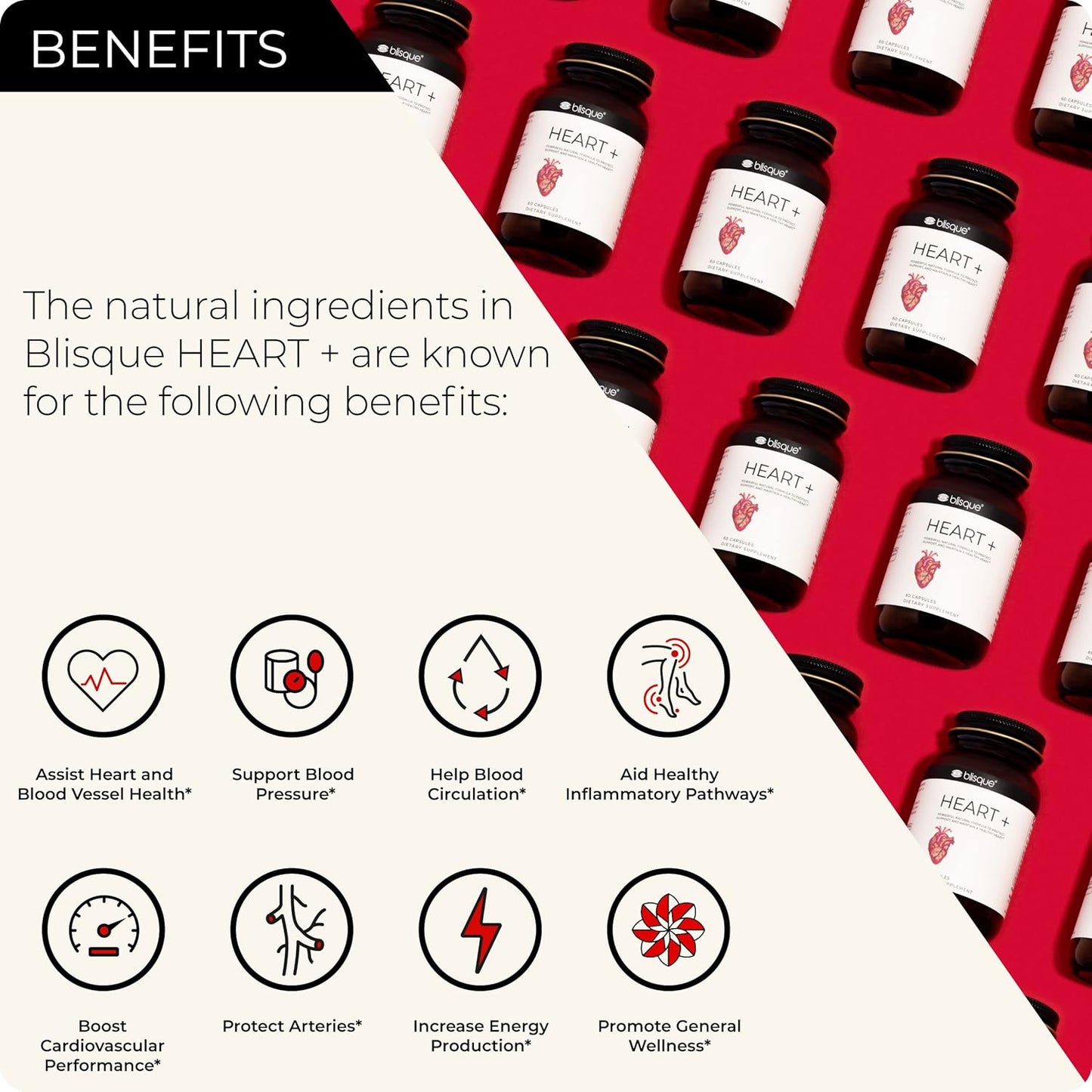 Doctor-Approved Blisque Supplement for Heart Health and Circulation | Natural Blood Pressure Support with CoQ10, Hawthorn Berry, Beet Root, Turmeric | 90 Capsules