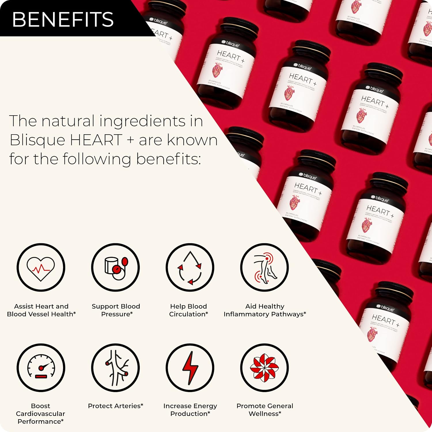 Doctor-Approved Blisque Supplement for Heart Health and Circulation | Natural Blood Pressure Support with CoQ10, Hawthorn Berry, Beet Root, Turmeric | 90 Capsules