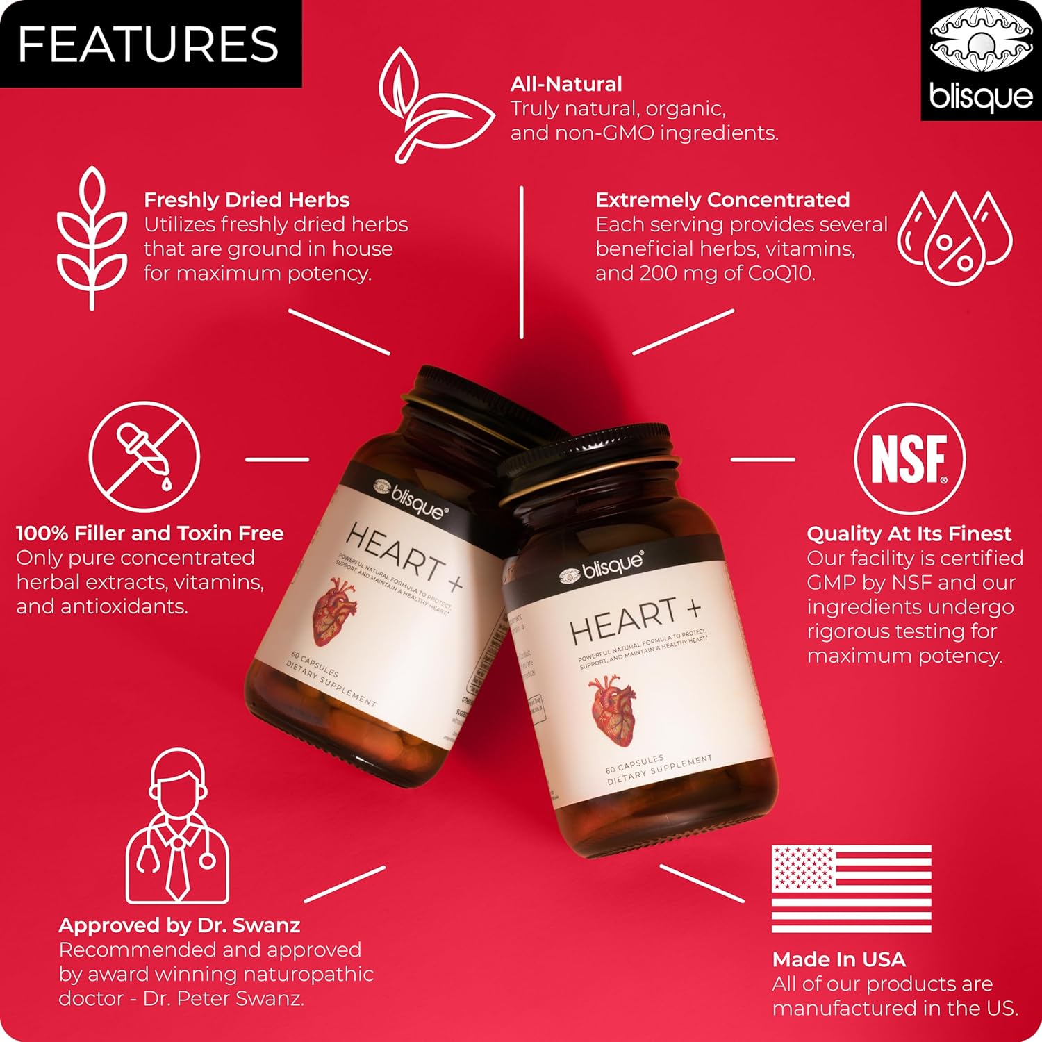 Doctor-Approved Blisque Supplement for Heart Health and Circulation | Natural Blood Pressure Support with CoQ10, Hawthorn Berry, Beet Root, Turmeric | 90 Capsules