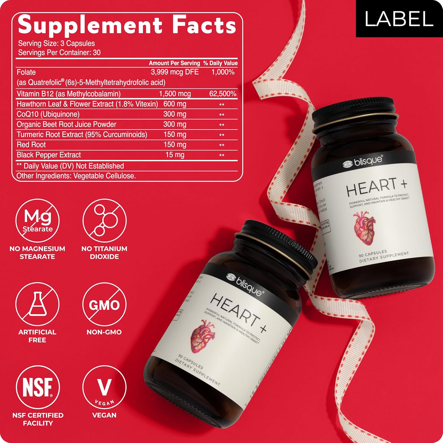 Doctor-Approved Blisque Supplement for Heart Health and Circulation | Natural Blood Pressure Support with CoQ10, Hawthorn Berry, Beet Root, Turmeric | 90 Capsules