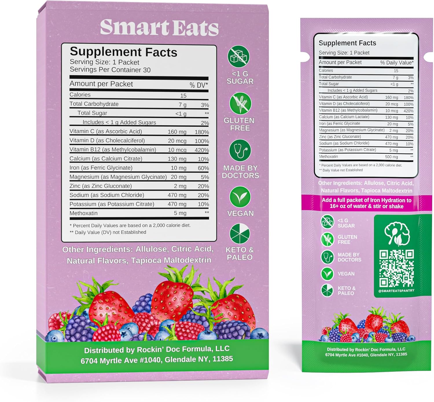 Doctor-Designed Smart Eats Electrolyte Powder with Iron, Electrolytes, Minerals & Vitamins for Hydration - 30 Packets, Sour Berry Flavor