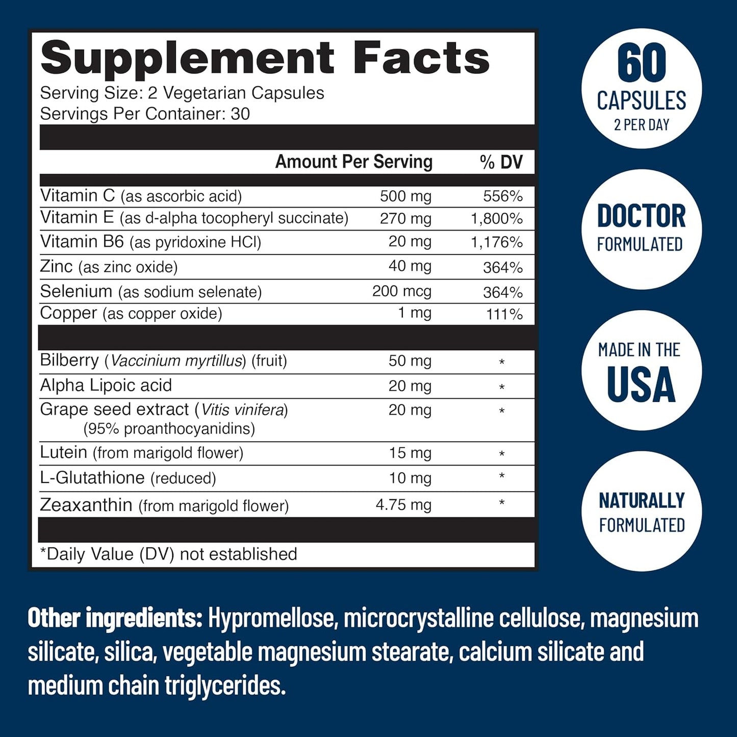 Doctor Formulated Eye Vitamins with AREDS 2, Zeaxanthin, Lutein, Bilberry, Grape Seed Extract - Macular Health Formula - 60 Capsules
