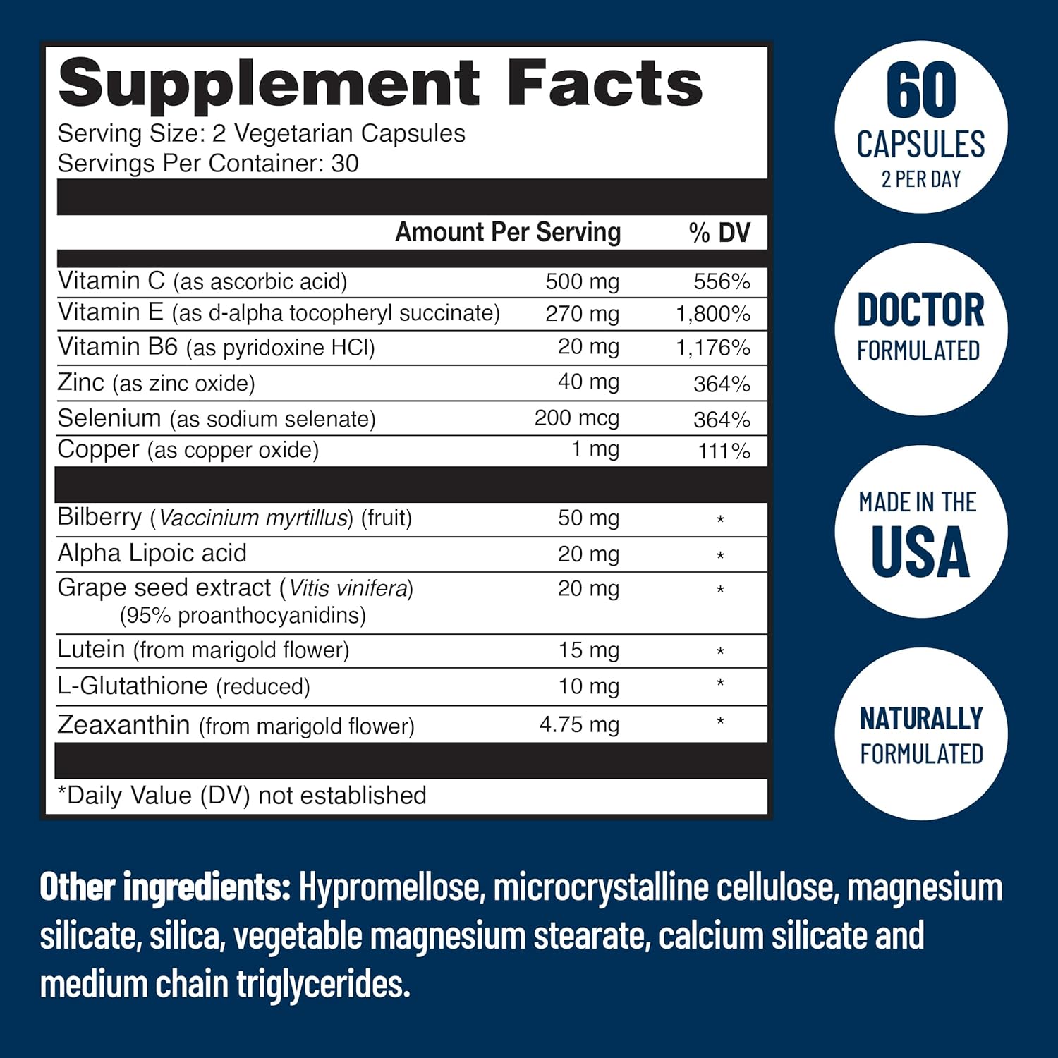 Doctor Formulated Eye Vitamins with AREDS 2, Zeaxanthin, Lutein, Bilberry, Grape Seed Extract - Macular Health Formula - 60 Capsules