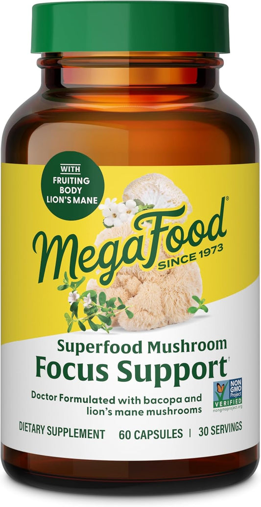 Doctor Formulated Lions Mane Mushroom Supplement Capsules for Focus Support - MegaFood Superfood with Bacopa - Vegan - 60 Capsules