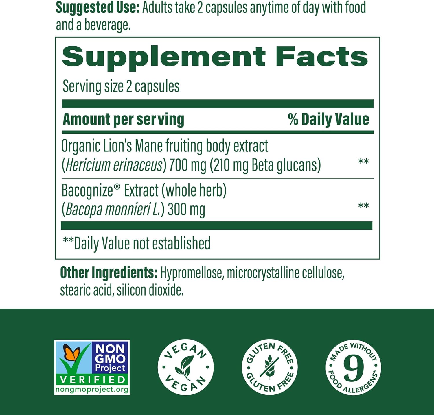 Doctor Formulated Lions Mane Mushroom Supplement Capsules for Focus Support - MegaFood Superfood with Bacopa - Vegan - 60 Capsules