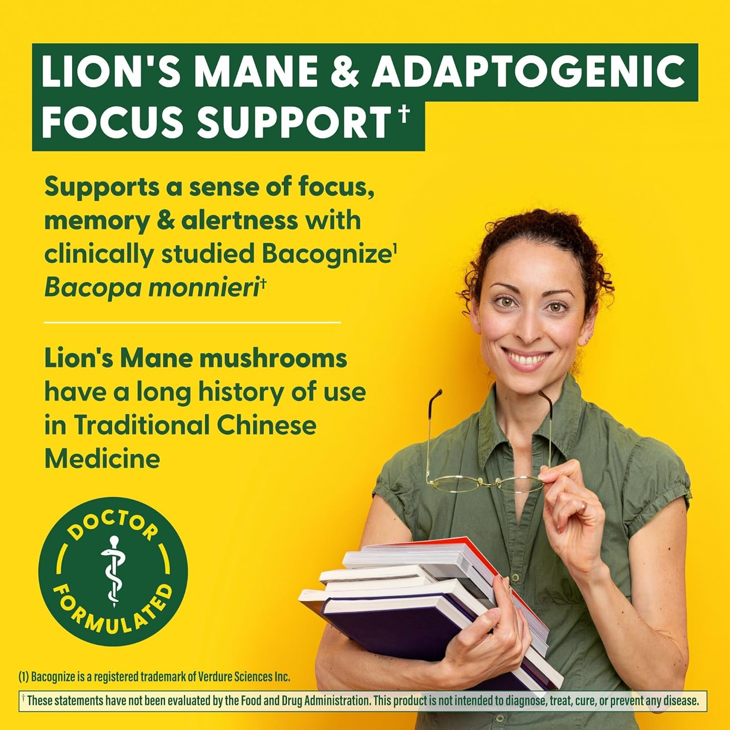 Doctor Formulated Lions Mane Mushroom Supplement Capsules for Focus Support - MegaFood Superfood with Bacopa - Vegan - 60 Capsules