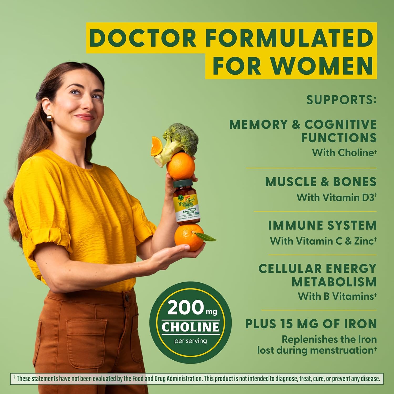 Doctor-Formulated Women's Advanced Multivitamin with Iron, Choline, Vitamin D, Vitamin C, and Zinc for Brain Health and Immune Support - Non-GMO Vegetarian Tablets - 120 Tabs